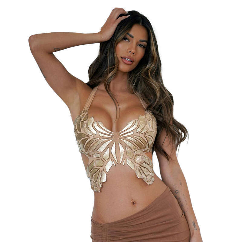 Women's Swimsuit Cf23665 Wind Butterfly Foam Printed Tank Top 2024 New V-Neck Crop Slim Fit Top With Exposed Navel