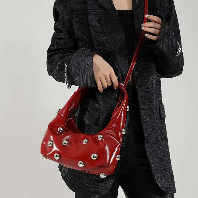 Rivet Women's 2025 Trend Patent Leather Fashion Handbag Woman Personality High Quality Underarm Shoulder Bag Ladies
