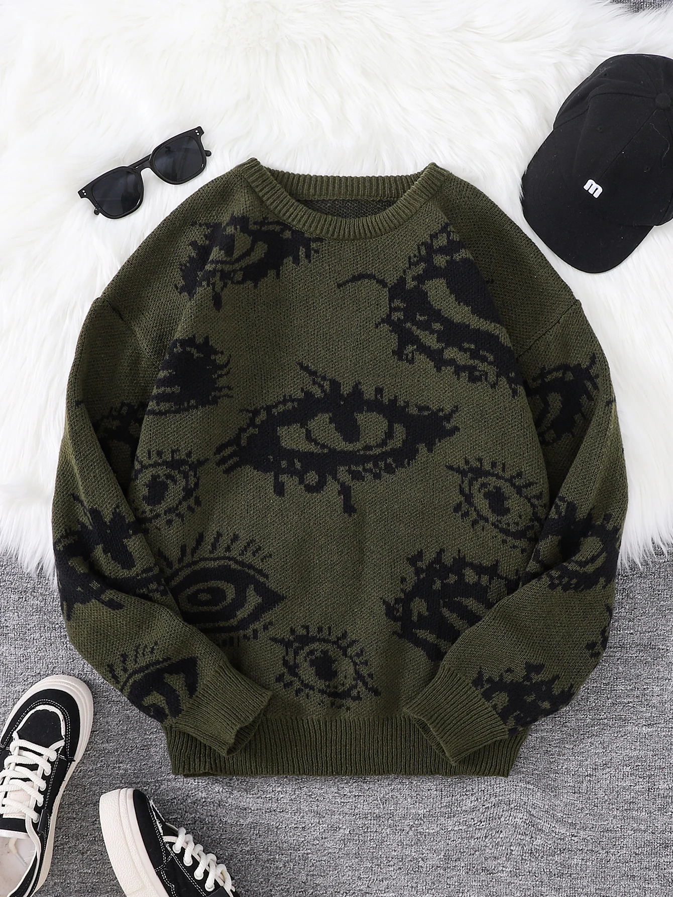 Autumn and Winter Abstract Eye Jacquard Pattern Pullover Sweater Casual Round Neck Knitted Mens Pullover 250318
