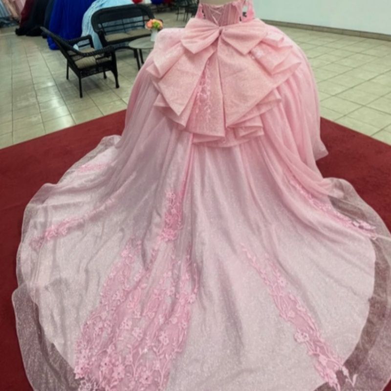 Pink Shiny Off Shoulder Quinceanera Dresses Applique Lace Bow Beads Tull Corset Party Birthday Sweet 16 Dress Vestidos 15 De anos