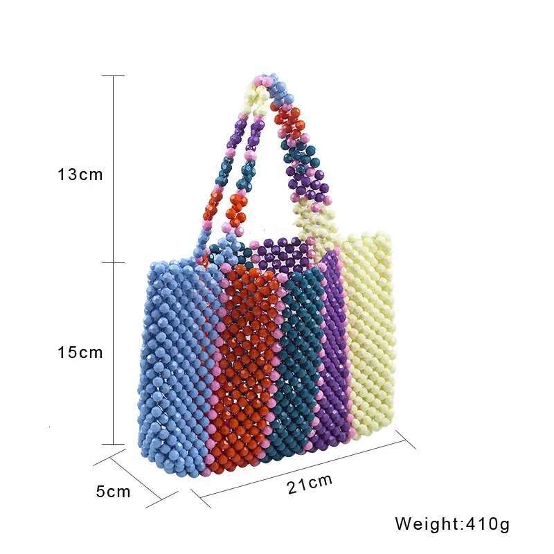 Meet You Fahsion Colorful Striped Beaded Handbag Fashion Hand-Woven Acrylic Bead Evening Clutches Color Contrast Rainbow Bag