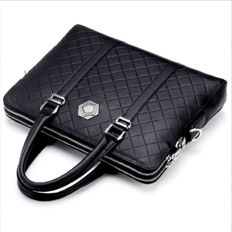 Korean fashion mens high-quality leather business briefcase diamond checkered shoulder bag large capacity handbag notebook bag 250317