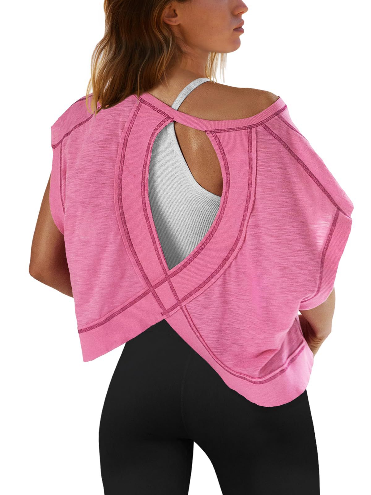 Womens T Shirts 2025 New Womens Back Sports Yoga T-shirt Loose Casual Breathable