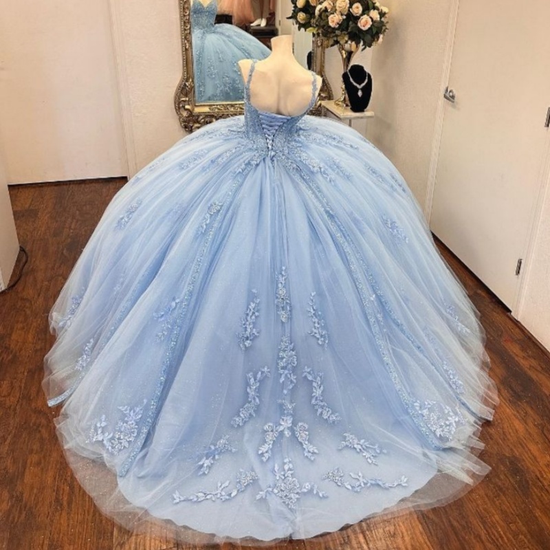 Sky Blue Shiny Ball Gown Quinceanera Dresses Appliques Lace Tull Beads Birthday Party Mexican Vestidos De 15 anos Sweet 16 Dress