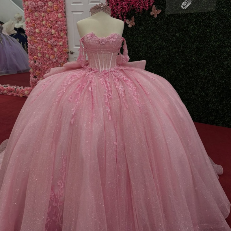 Pink Shiny Off Shoulder Quinceanera Dresses Applique Lace Bow Beads Tull Corset Party Birthday Sweet 16 Dress Vestidos 15 De anos