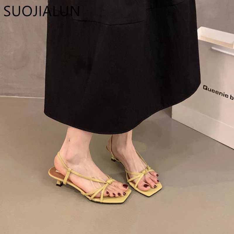 SUOJIALUN 2024 Summer Brand New Sandals Fi Narrowband Womens Elegant Slider Med Heel Outdoor Gladiator Shoes Y250317