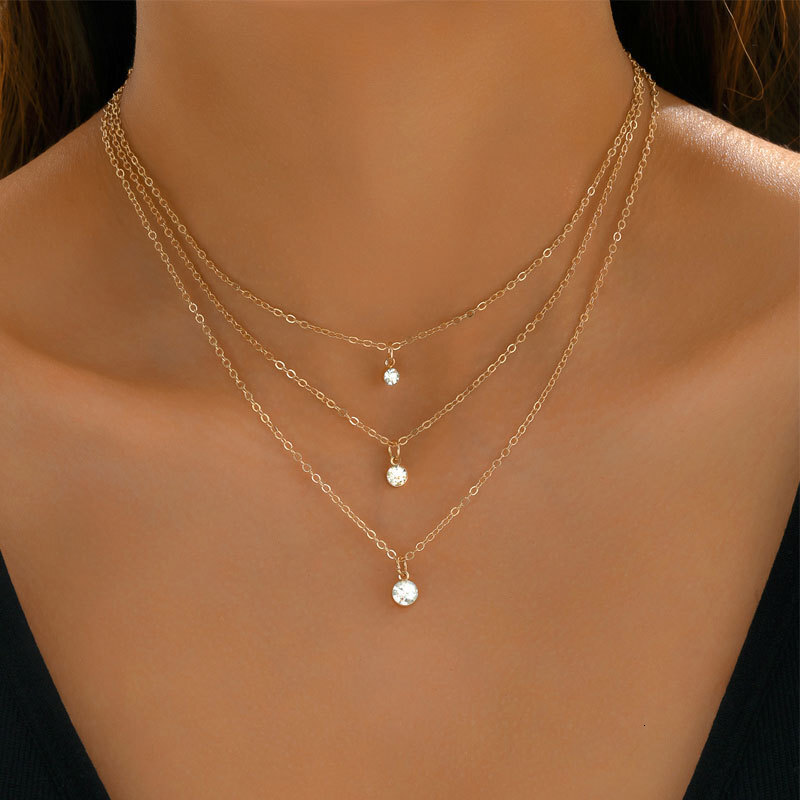 Three-layer Round Rhinestone Pendant Necklace For Women Simple Fashion Multi-layer Choker Collarbone Chain Jewelry