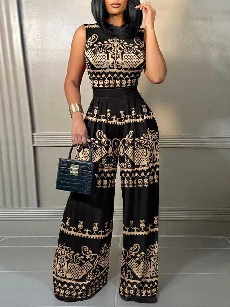 Elegant womens wide leg long Juumpsuit 2024 spring/summer fashion print sleeveless casual holiday bodysuit Trouser X2503181