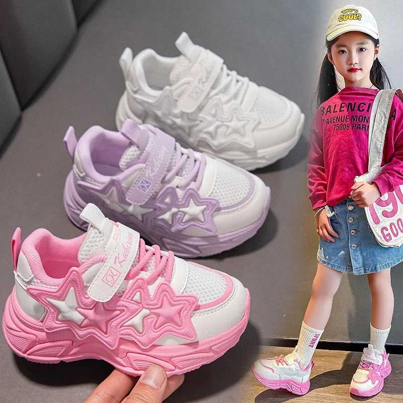 Girls Sports Shoes Fashion Classic Kids Casual Sneakers Children Running Shoes Air Mesh with Stars Breathable 2024 Spring SummerXJ250318