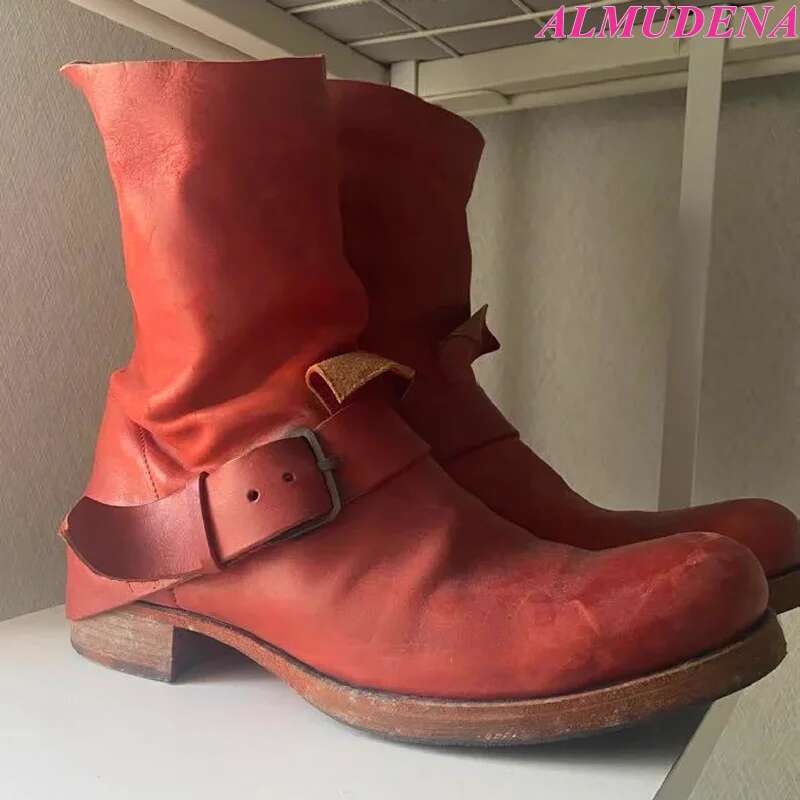 Vintage Wasteland Red Leather Chunky Heel Ankle Boots Women's Buckled Flat Round Toe Big Size Booties Soft Designer Shoes
