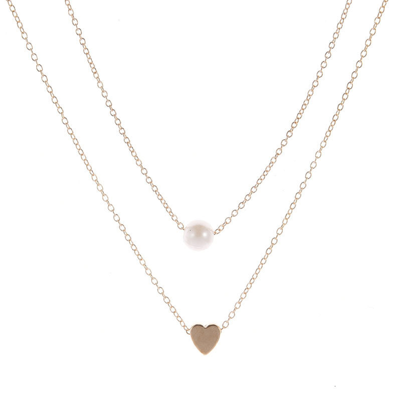 Love Imitation Pearl Pendant Double Necklace Women's Multi-layer Choker Collarbone Chain Jewelry