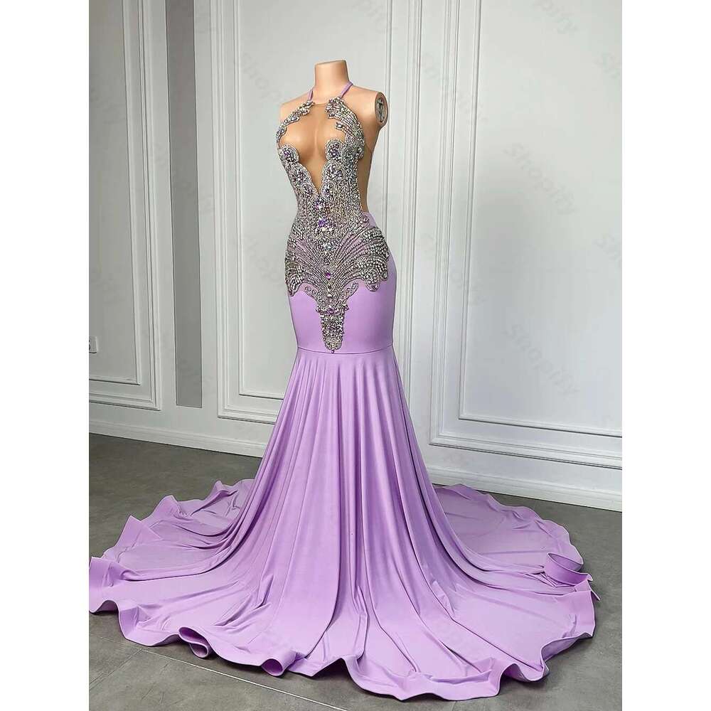 Sparkly Lilac Purple Rhies Long Dress For Black Girl Sexy Mermaid Style Formal Prom Party Gowns 2025 Customized Dr0318