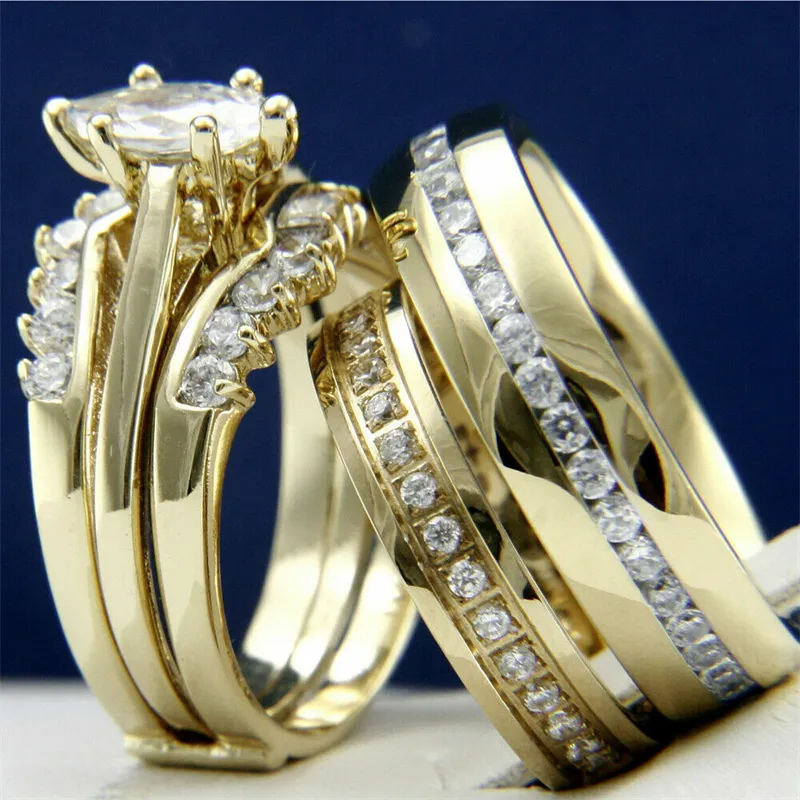 Fashionable Luxury Engagement Ring Sets in Golden Hue - Perfect Gifts for Couples
