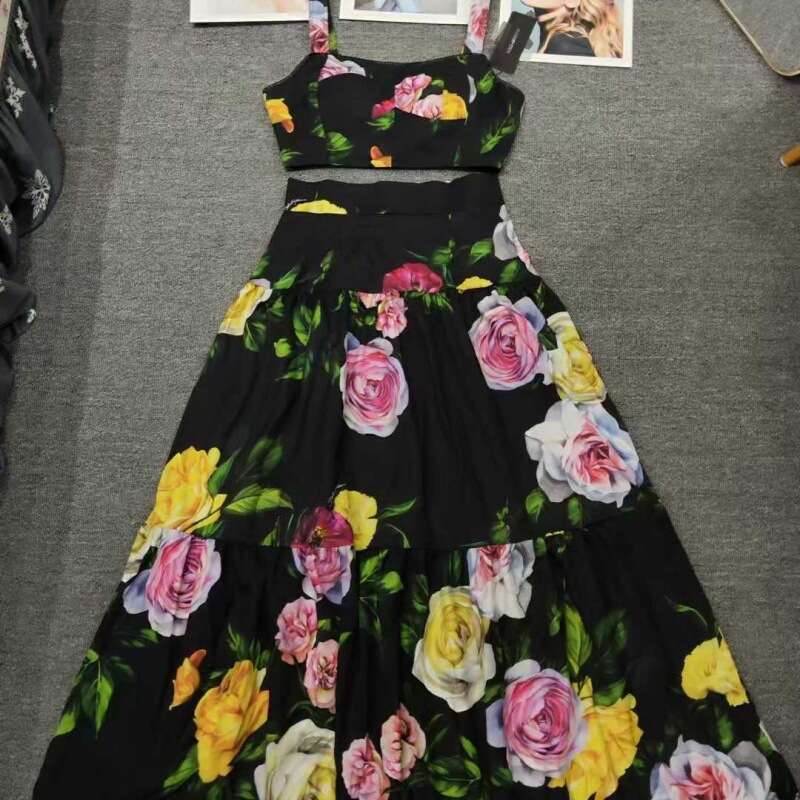 High End Dress With Fashionable Suspender And Floral Detailing