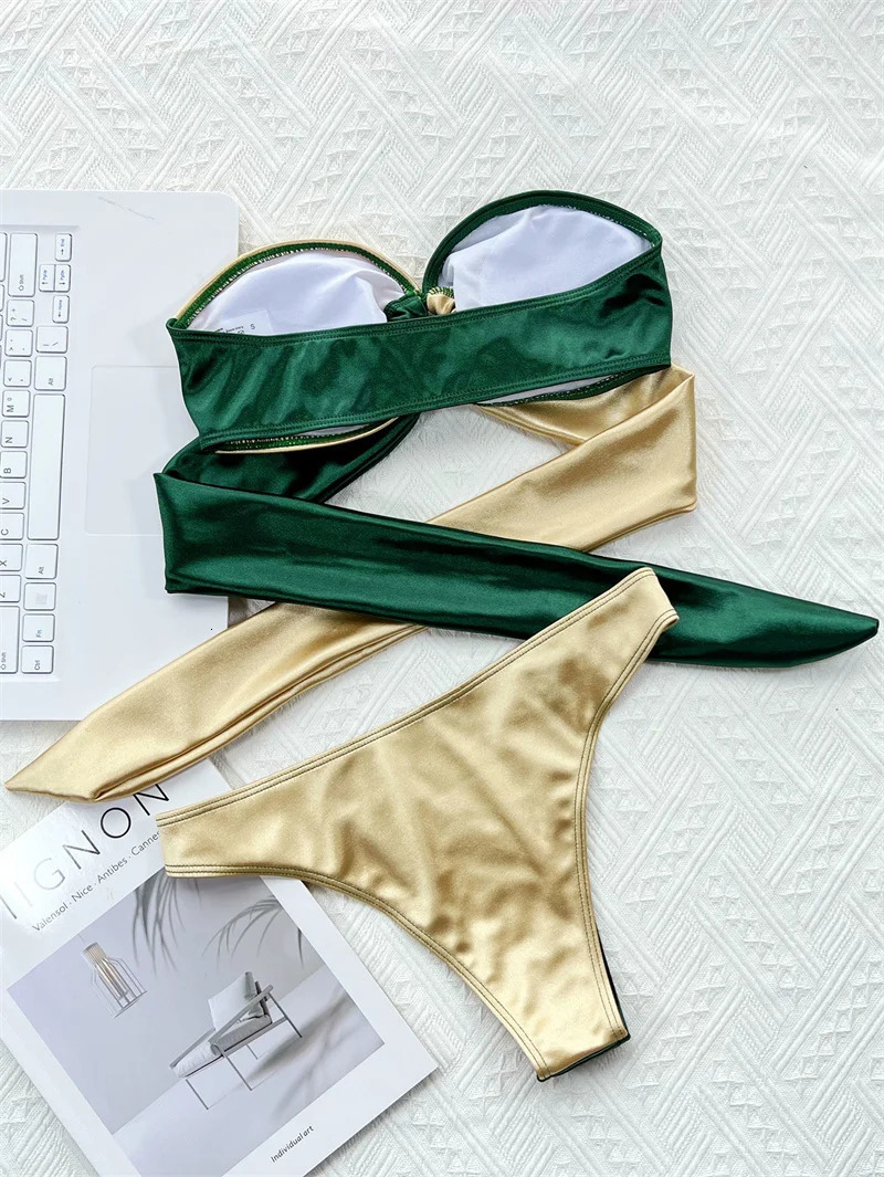 Para Praia Green Gold Bikini Sexy Strapless Bandeau Swimwear Women Brazilian Swimsuit Thong Biquini Bandage Bathing Suit 250318