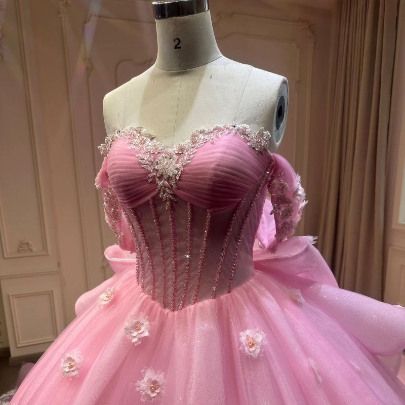 Pink Shiny Princess Off The Shoulder Ball Gown Quinceanera Dresses 3D Flowers Applique Beads Tull Sweet 16 Dress Vestido 15 De Anos