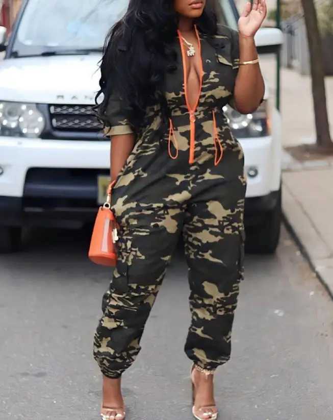 Fashion womens jumpsuit 2025 summer camouflage print zipper pocket design casual one-piece jumpsuit Strtwear Y2K clothing X2503181