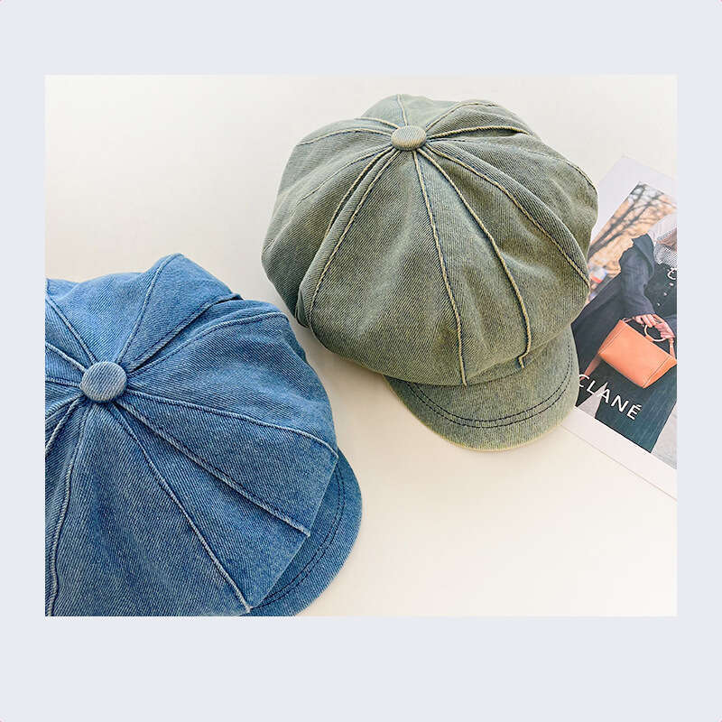 Striped denim cloud women's vintage pleated artist hat, artistic and eye-catching face, small octagonal hat