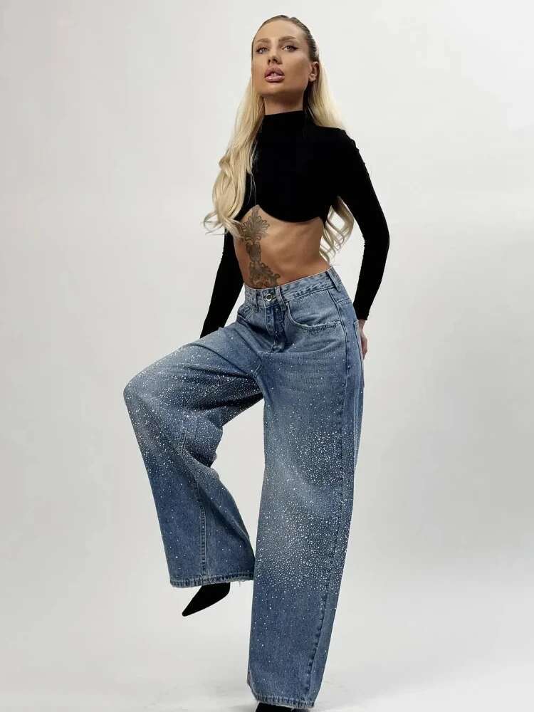 Street Rhie Gradient Blue Women's Jeans High Waist Basic All-Match Wide Leg Trousers Casual Female Commuting Streetwear