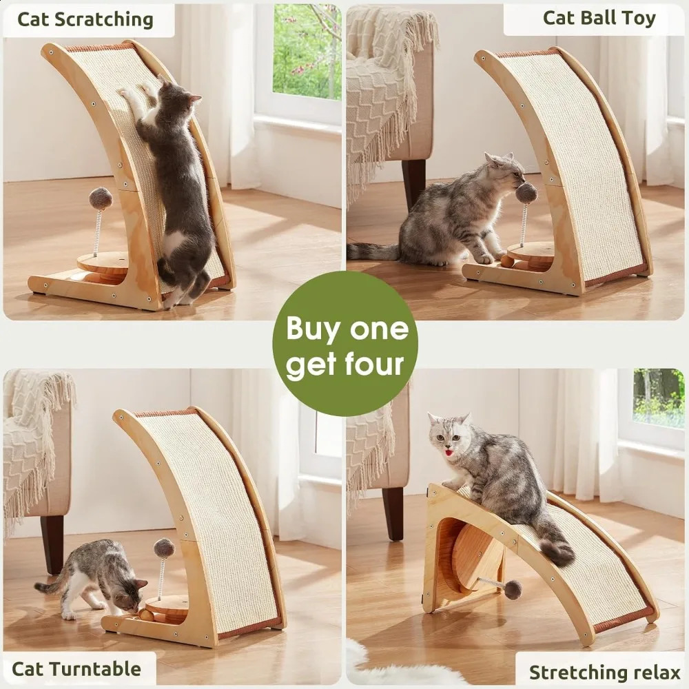 Large Cat Scratcher Natural Sisal Cat Scratch Pad4 in 1 Cat Scratching Post with Turntable Toy Spring Ball for Indoor Cats