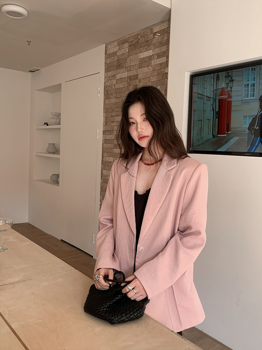 H318Chic Women's Loose-Fitting Korean Style Shoulder Pad Blazer - Spring 2025 Collection in Hemp Feel Fabric