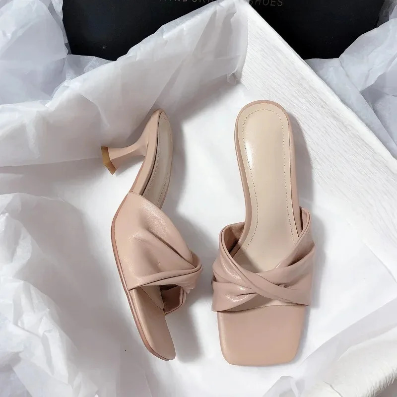 Fashion Summer Women Shoes Handmade Square Open Toe High Heels Outdoor Fashion Slippers Apricot Off White 250317