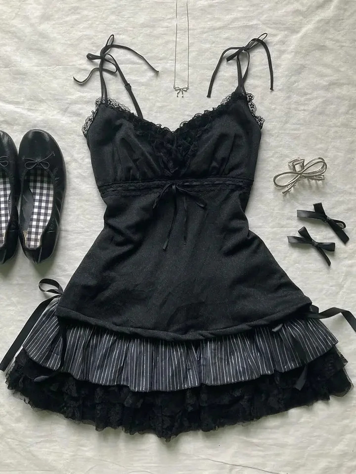 Punk Y2k Skirts Women Clothes Goth Sexy Ropa Aesthetic Stripe High Waist Lace Bow MIni Skirts Grunge Emo Girl 2000s Short Skirt 250318