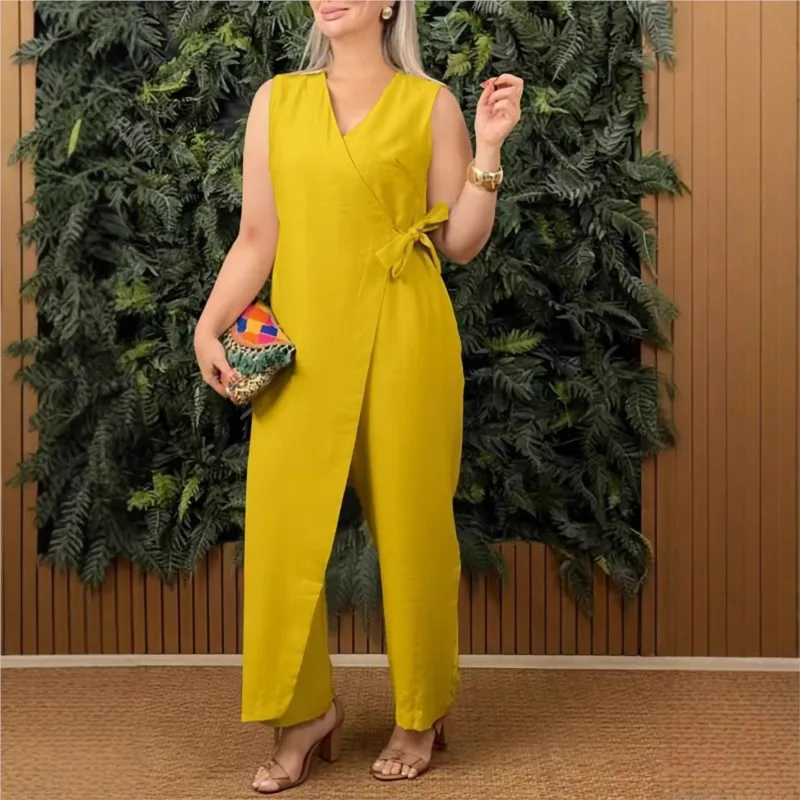 2025 spring/summer new womens solid color V-neck strapless casual and comfortable wide leg jumpsuit X250318