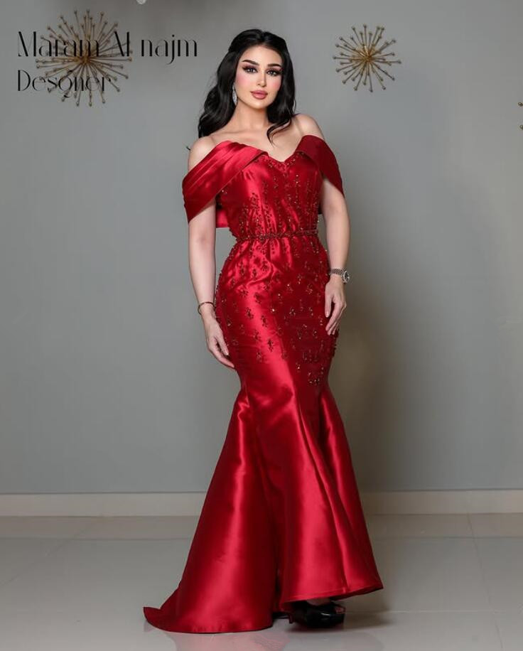 Burgundy Long Mermaid Prom Dresses Off Shoulder Crystal Lace-up Jersey Customsized Saudi Arabic Bride Wear Evening Formal Gown