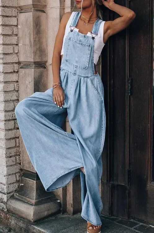 Womens pocket wide leg jumpsuit pendant denim high waisted neck daily strapless summer Y2k Maxi Strtwear X250318