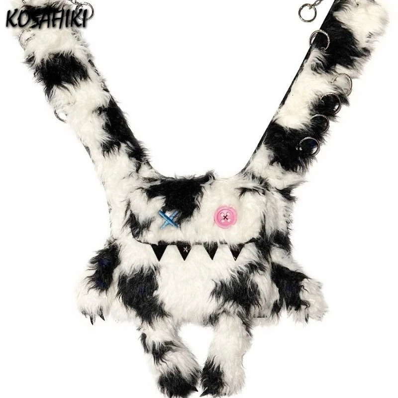 Korean Contrast Color Casual Women Backpack Trendy All Match Faux Fur Schoolbags Vintage Fashion Fluffy Backpacks Y2k Aesthetic 250318