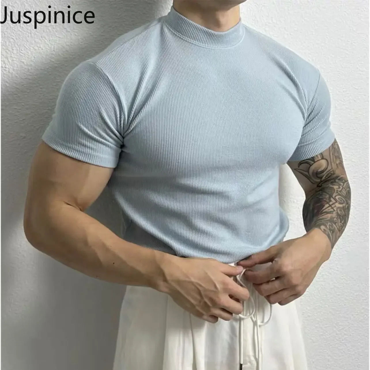 Summer Half Turtle Neck Large Short Sleeve T-shirt for Mens Elastic Casual Simple Street Personalized Top for Mens Wear 250317