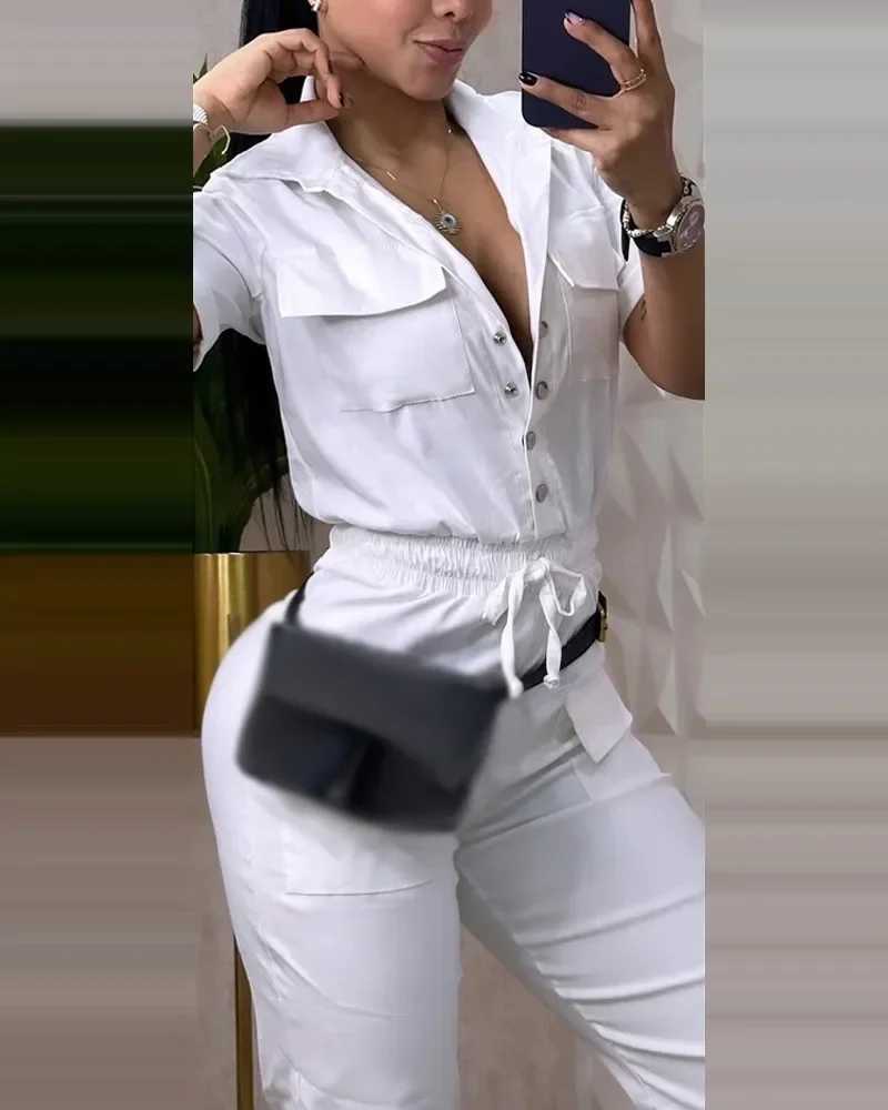 New womens workwear with short sleeves and Sly pocket design featuring a lapel elastic waist brushed cuffs and cargo jumpsuit X250318