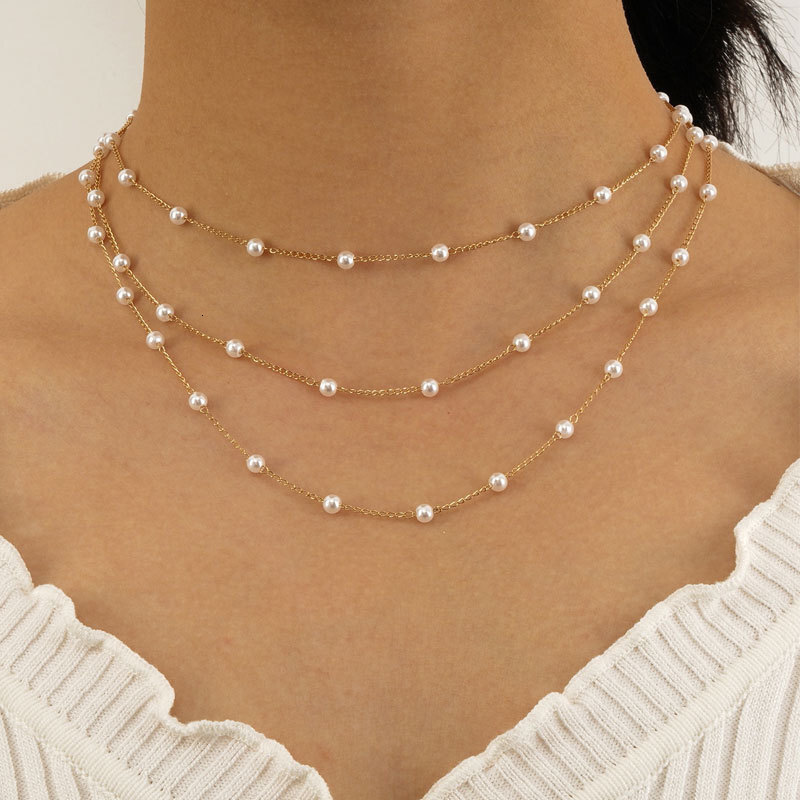 Imitation Pearl Chain Three Layer Necklace Female Explosion Simple Temperament Collarbone Chain Choker