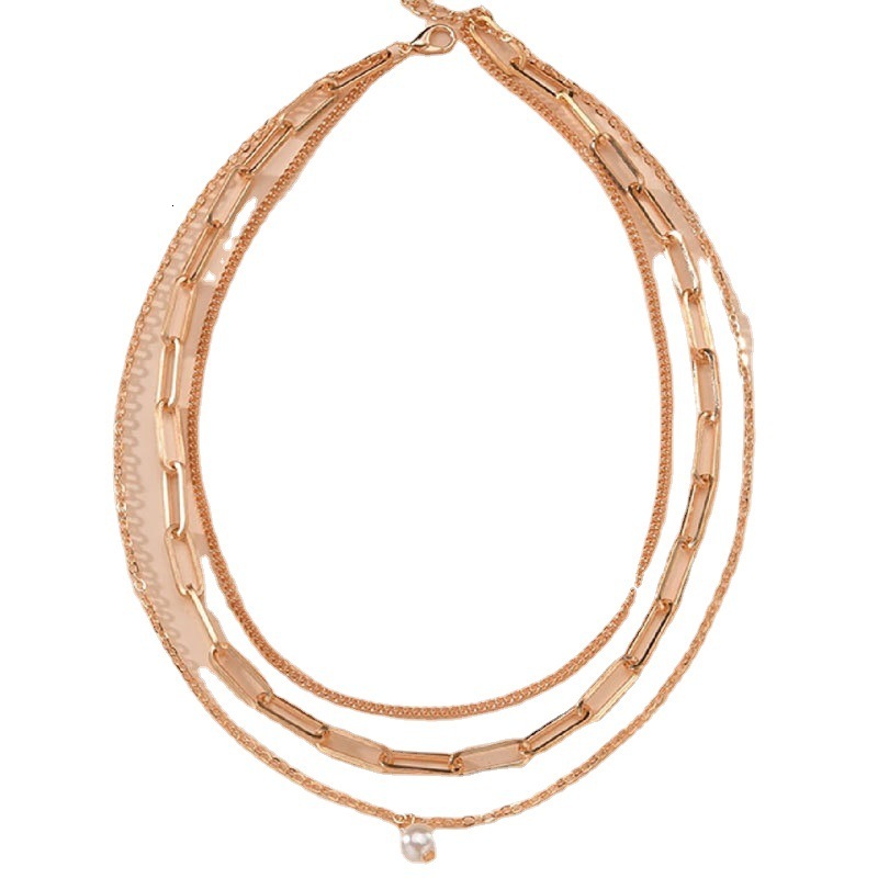 Three Layers Of Metal Chain Imitation Pearl Pendant Necklace Women's Multiple Layers Of Choker Collarbone Chain