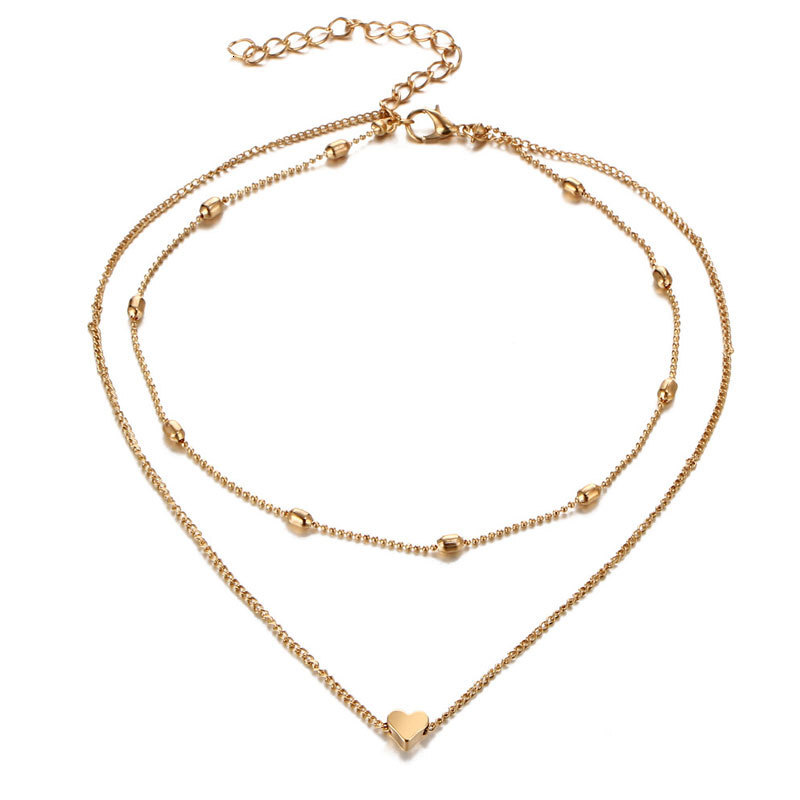 Double Bead Chain Love Pendant Necklace Women's Heart Multi-layer Choker Collarbone Chain Jewelry