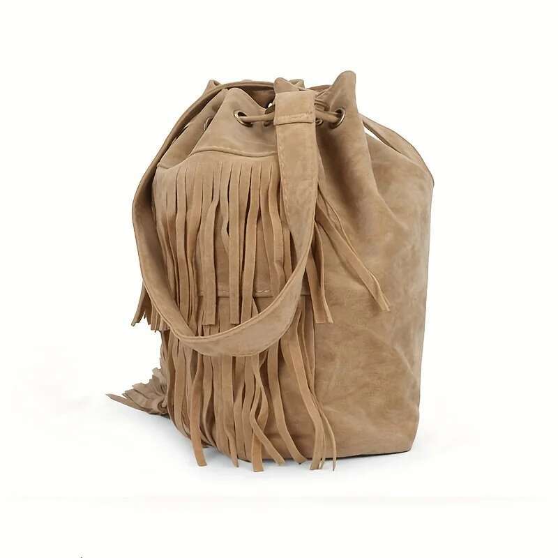 Fashion Soft Veet Frosted Tassel For Women With Drawstring Bucket One Shoulder Straddle Bag