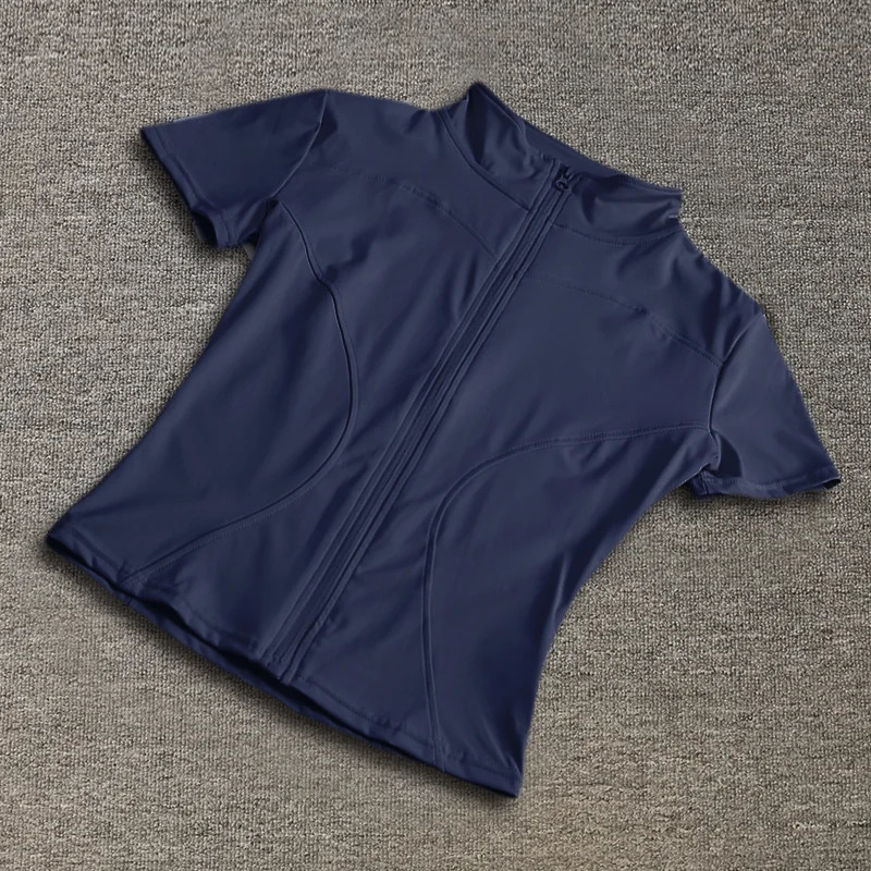 Summer highquality waist weight loss training top for women quick drying tight fitting stand up collar full zipper short sleeved yoga shirt 250314