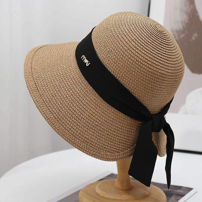 Large eave shading fisherman women, summer woven breathable bow grass for traveg on the beach, sun protection basin hat