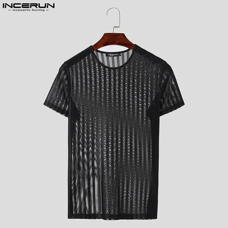 Sexy Stylish Style Tops INCERUN Mens Tight Striped See Through T-shirts Fashion Casual Thin O-neck Short Sleeved Camiseta S-5XL 250318