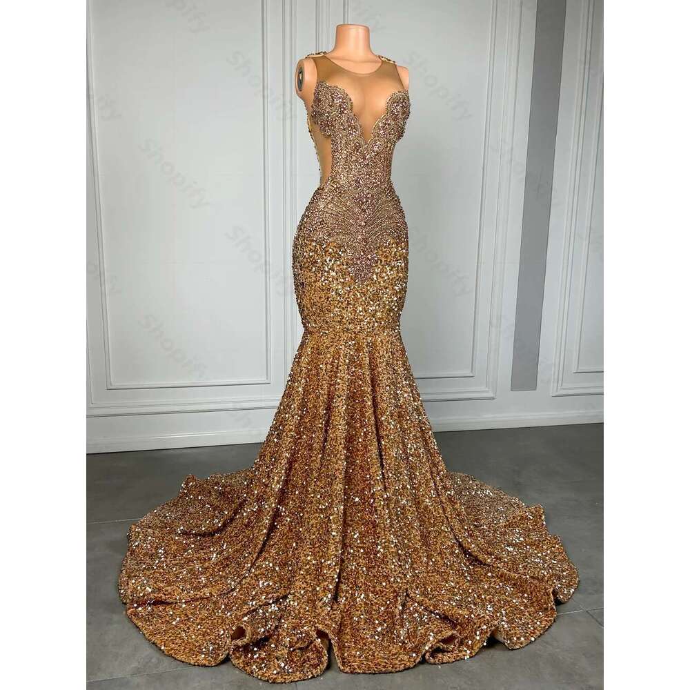 Sparkly Brown Dia Long Dresses For Black Girl Beads Rhie Gold Sequin Mermaid Prom Gowns 2025 Customized Dr0318