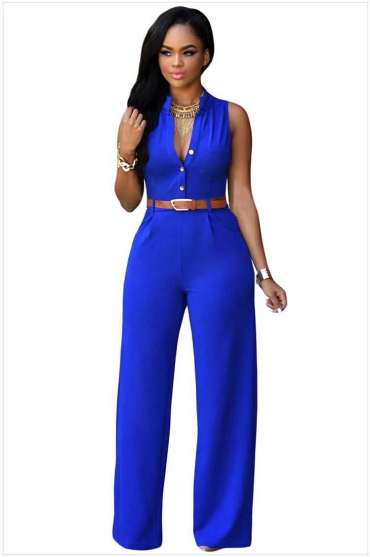 Elegant Womens Jumpsuits Belt Summer High Waist Wide Leg Button V-neck Slveless Casual Sexy Solid Blue Office Lady Rompers X250318