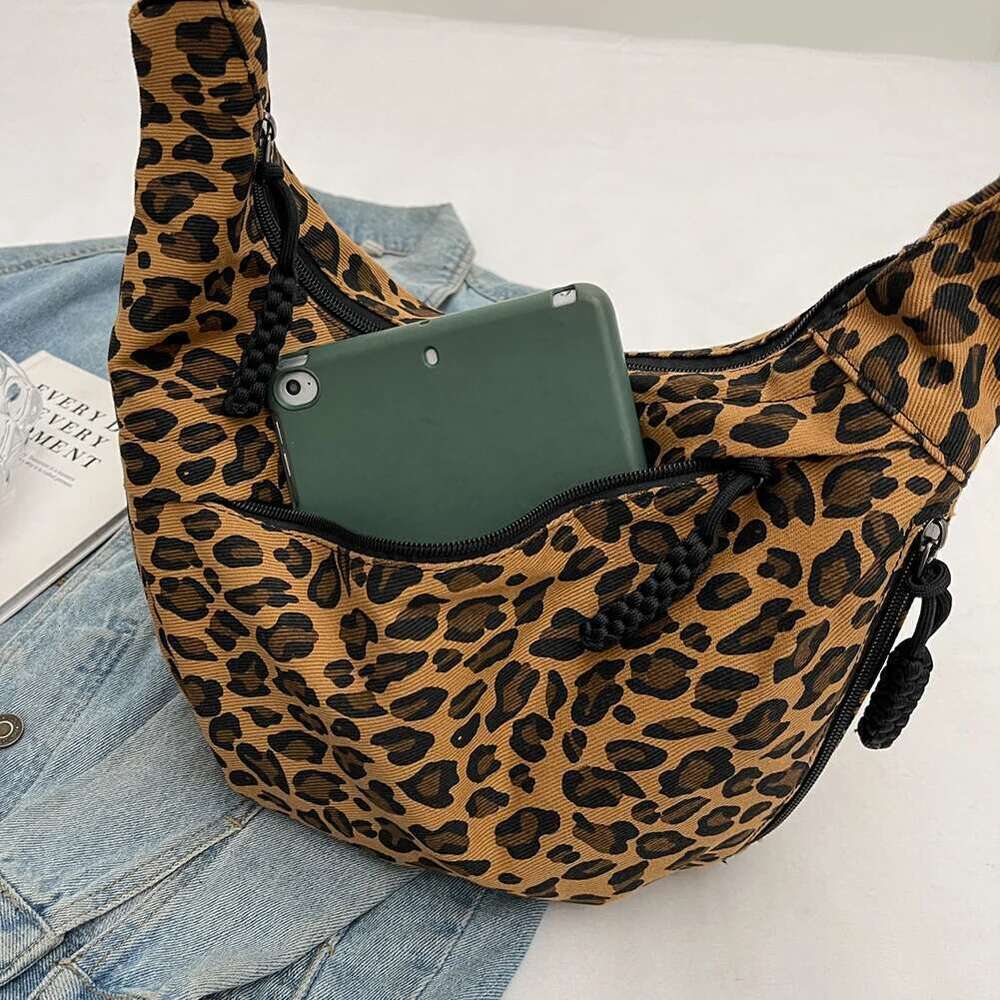Dumpg Women Stylish Multi-pockets Leopard Print Hobo Sg Adjustable Strap Crescent Crossbody Outdoor Travel Bag