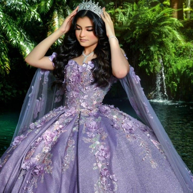 Lavender Shiny Quinceanera Dresses Beads 3D Flower Applique Lace With Cape Sweet 16 Dress Birthday Party Ball Gowns Lace up Vestidos De 15 Anos