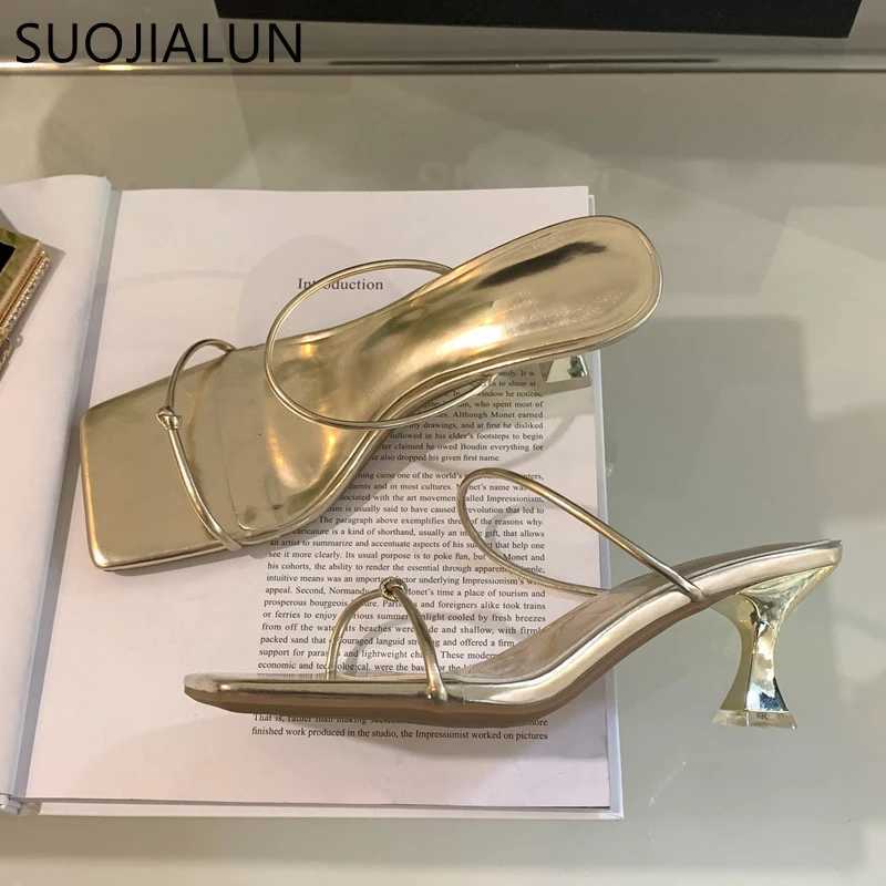 SUOJIALUN 2023 Summer Wen Slipper F Narrow Band Ladies Elegant Dress Sandal Shoes Thin Med Heel Square Toe Slides Shoes Y250317
