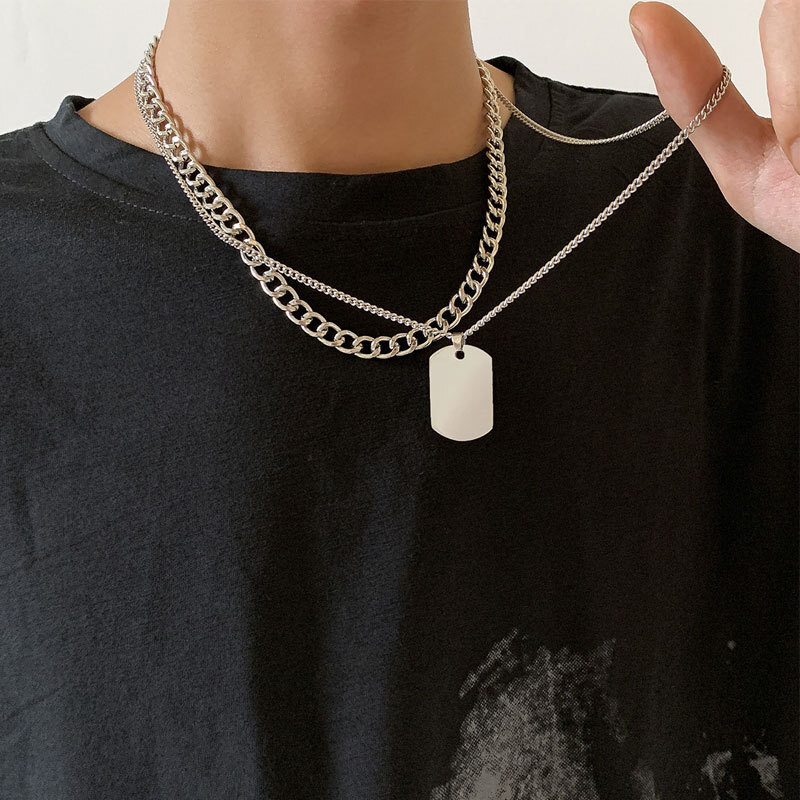Hee Ha Men Double Pendant Necklace Titanium Steel Tag Metal Chain Sweater Chain Jewelry