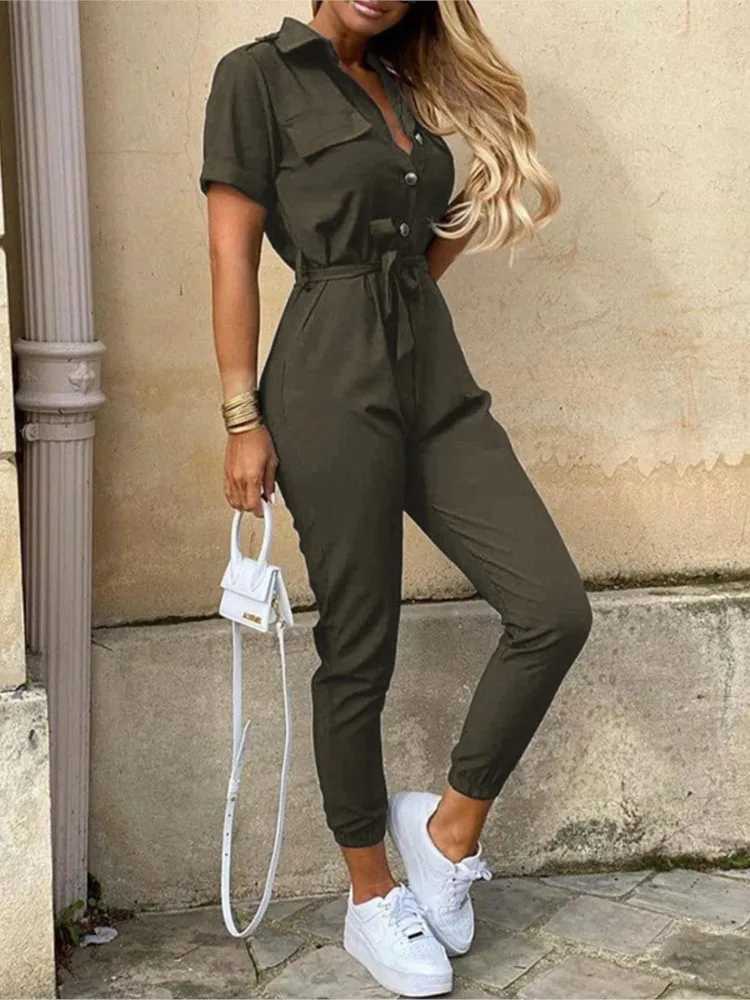 Summer Womens New Fashion Flip Collar Button Print Belt Lace Up Work Dress Casual Capris Jumpsuit Office X2503181