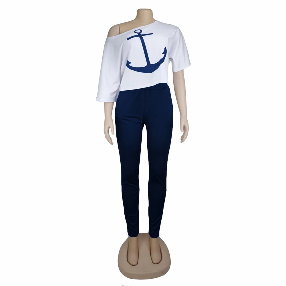 Tracksuit Women Pants Set Fashion Clothes Summer Boat Anchor Print Patchwork Casual Stretch Bodycon Two Piece Matching 250318