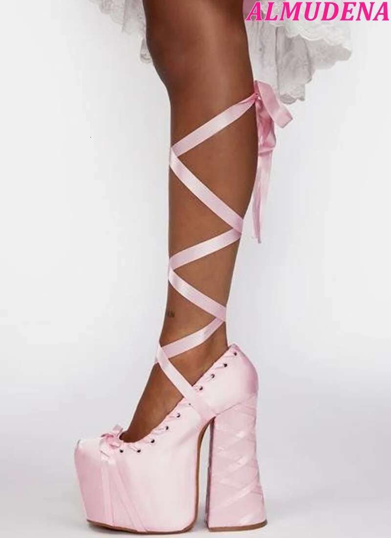 2024 New In Satin Lace Up Mary Jane Shoes Women Pink/Blue Cute Chunky Heel Platform Pumps Designer Party Lolita High Heels