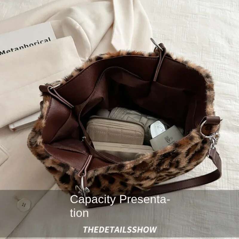 Simple National Style Women Leopard Tote Lady Fluffy Shoulder Chain Large Capacity Commuter Handle Bag